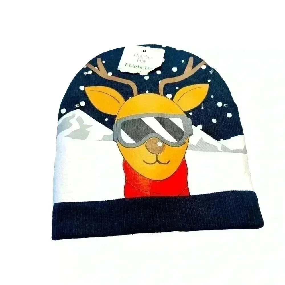 Christmas Reindeer Light Up Knit Hat Unisex Dark Blue NWT One Size